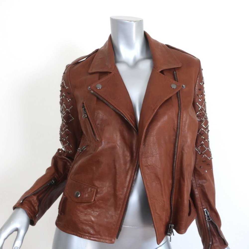 3.1 PHILLIP LIM CRYSTAL-EMBELLISHED LEATHER MOTORCYCLE JACKET BROWN SIZE 6 - Picture 2 of 10